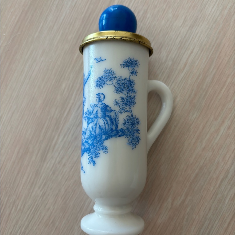 Avon White and blue milk glass bottle